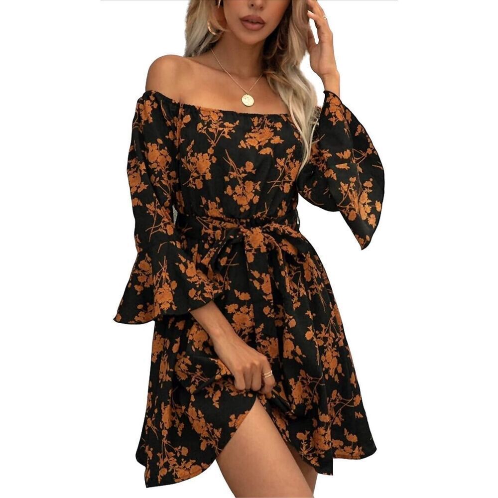 New Off Shoulder Ruffle Floral Mini Skater Dress S NO BELT